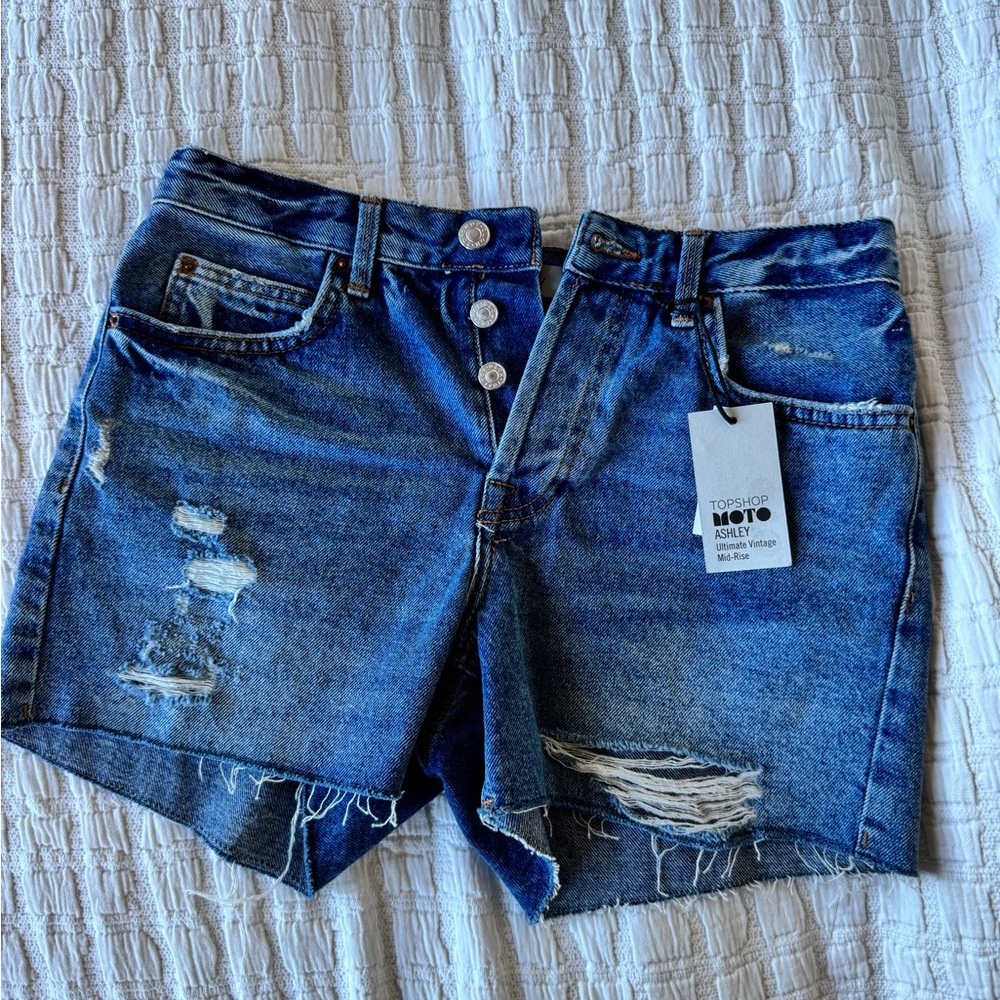 Topshop Moto Ashley Blue Distressed Denim Shorts Mid Rise